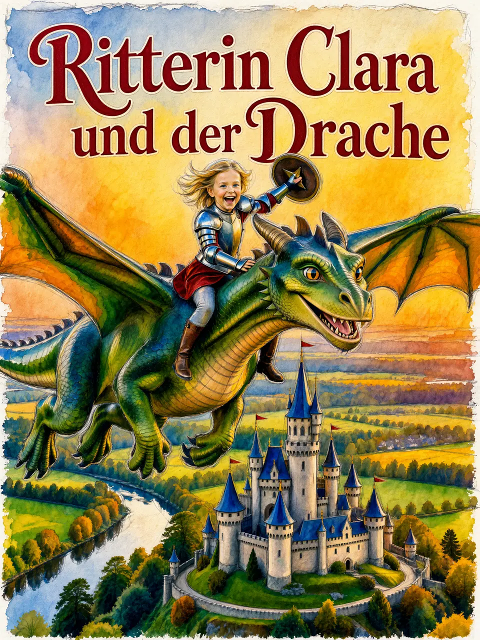 Cover von „Ritterin Clara und der Drache“: Clara in Rüstung fliegt auf einem grünen Drachen über eine Burg, in Aquarell und Tusche.