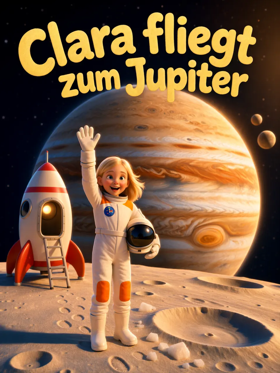 Cover von „Clara fliegt zum Jupiter“: Clara im Raumanzug winkt auf einem Mond neben ihrer Rakete, hinter ihr der Jupiter.