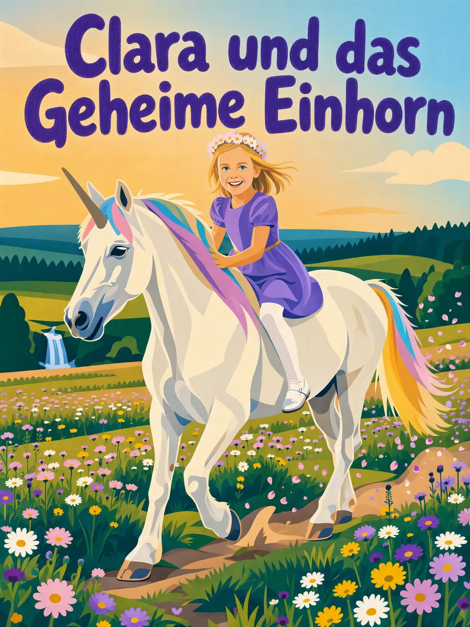 Cover von „Clara und das geheime Einhorn“: Clara reitet ein weißes Einhorn über eine Blumenwiese unter einem Regenbogen.
