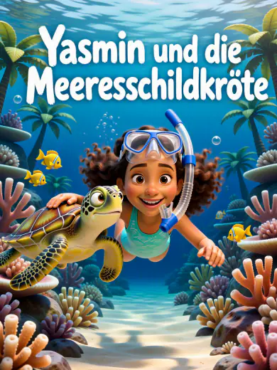 Cover von „Yasmin und die Meeresschildkröte“: Yasmin taucht mit einer Schildkröte über ein Korallenriff, in 3D-Animation.