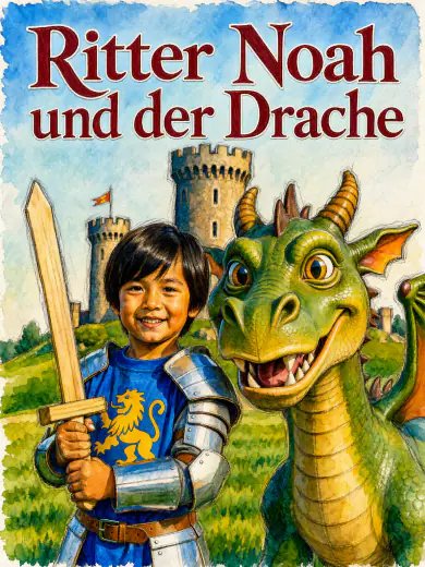 Cover von „Ritter Noah und der Drache“: Noah in Rüstung mit Holzschwert neben einem grünen Drachen vor einer Burg, in Aquarell.