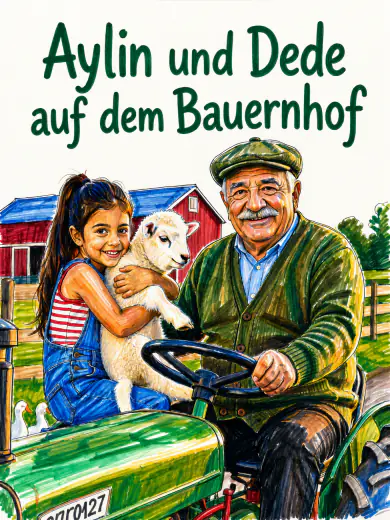 Cover von „Aylin und Dede auf dem Bauernhof“: Aylin hält ein Lamm, Dede sitzt am Steuer eines Traktors, in Filzstift.