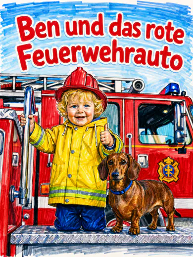 Cover von „Ben und das rote Feuerwehrauto“: Ben mit Feuerwehrhelm und sein Dackel auf dem Trittbrett, in Filzstift.