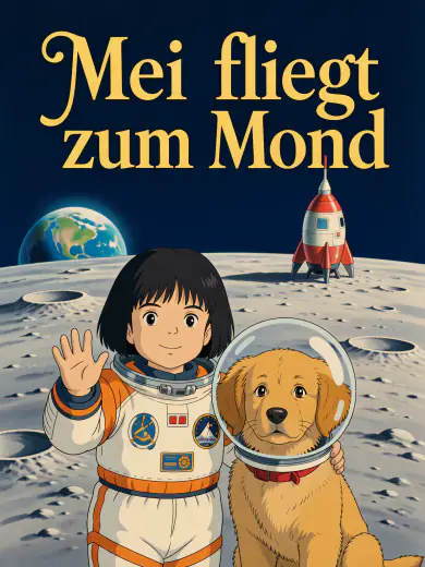 Cover von „Mei fliegt zum Mond“: Mei im Raumanzug winkt neben ihrem Hund auf dem Mond, in Zeichentrick.