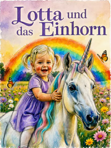 Cover von „Lotta und das Einhorn“: Lotta reitet ein weißes Einhorn über eine Blumenwiese unter einem Regenbogen, in Aquarell.